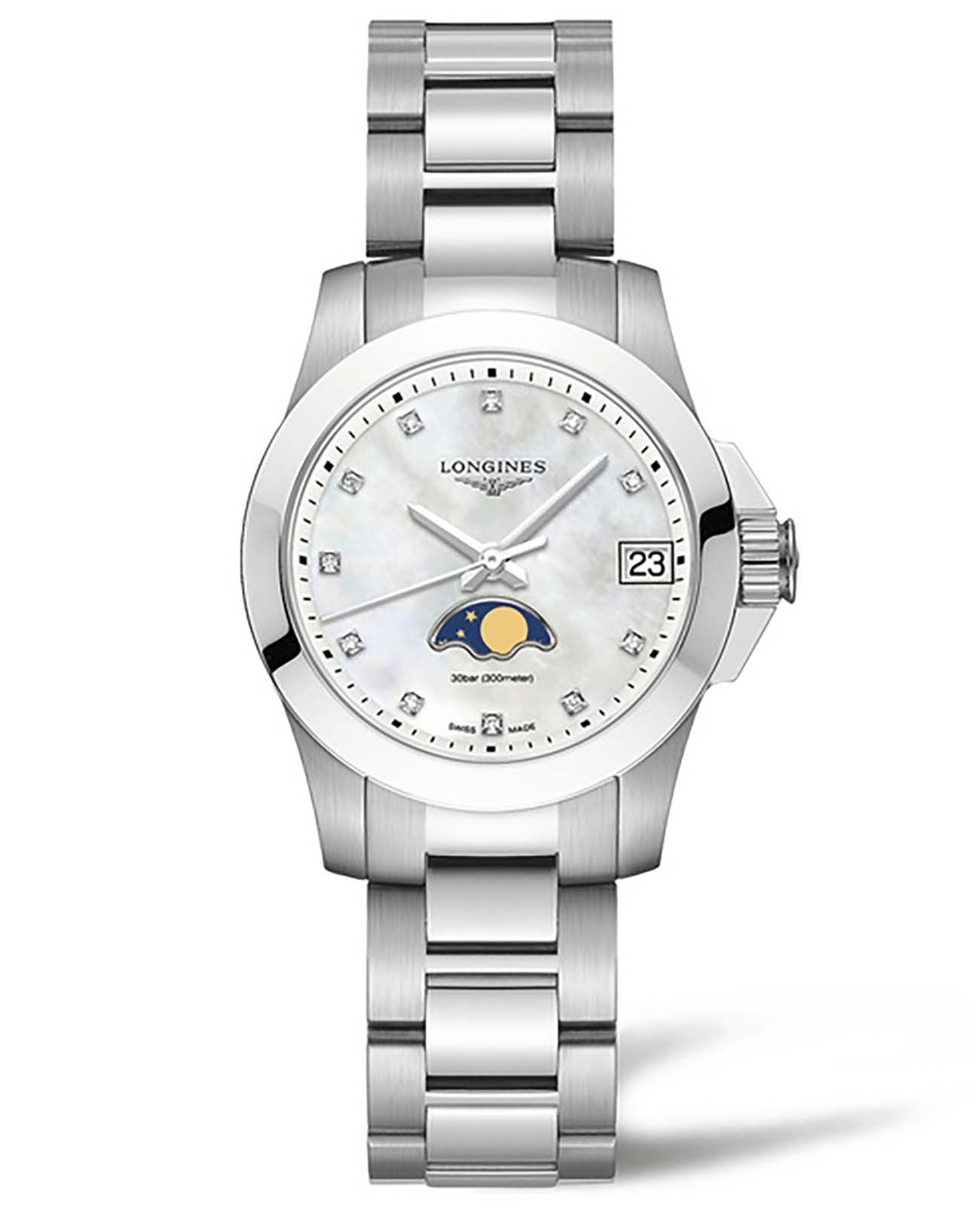 Longines Longines Conquest L3.380.4.87.6  L33804876 кварцевые женские часы белый циферблат, браслет нержавеющая сталь — вид спереди